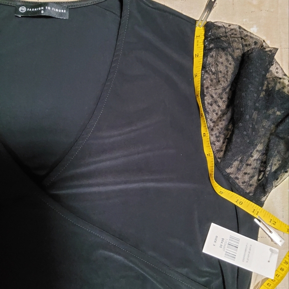 fashion To Figure Stretch Black Mesh Long Lanter Sleeve Faux Wrap Dress Size 3 - Picture 6 of 10